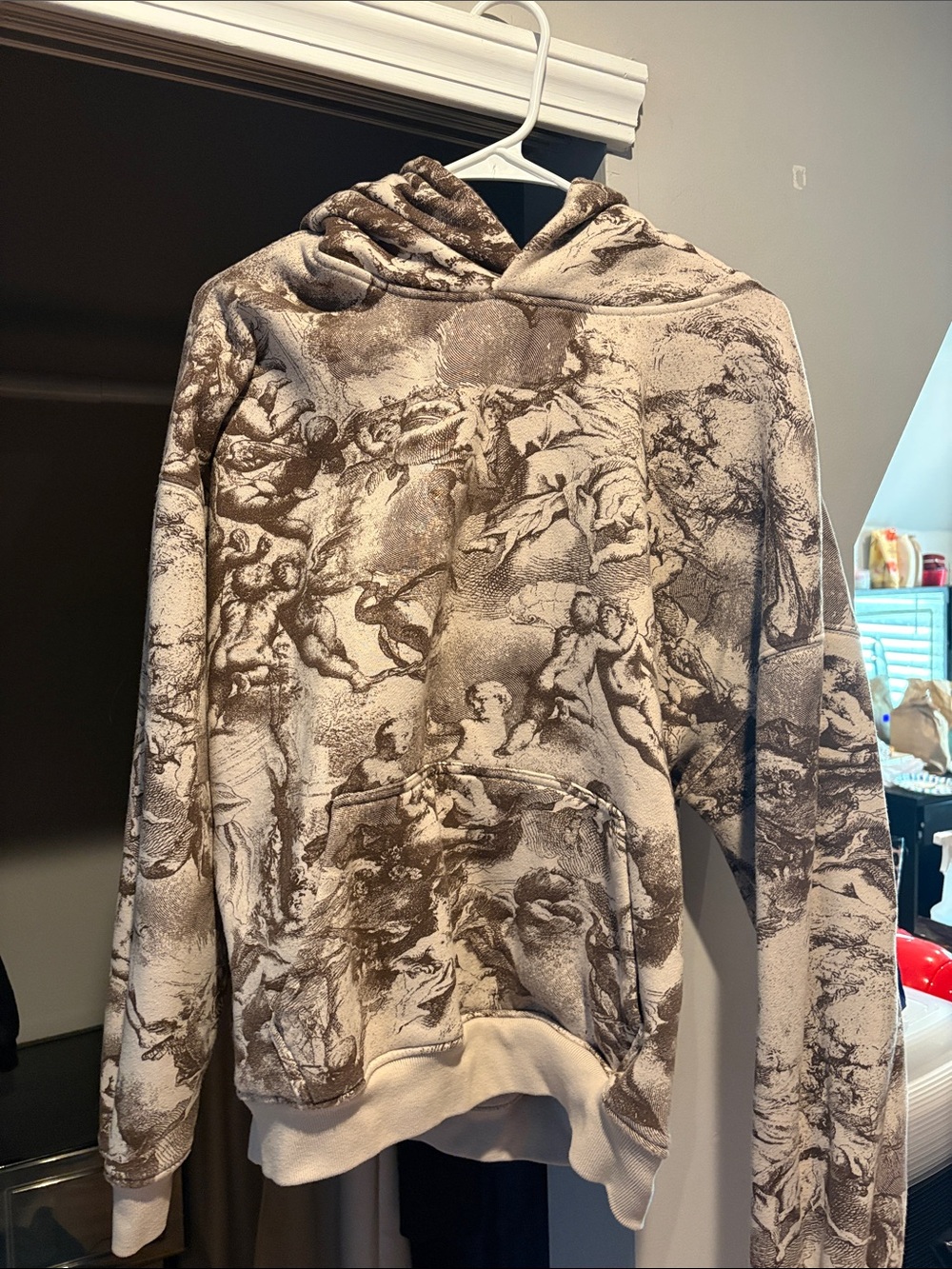 Brooklyn Cloth Crewneck Hoodie in White and Brown Toile Print